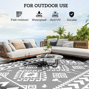 Outsunny Reversible Outdoor Rug, 9' x 12' Waterproof Plastic Straw Floor Mat, Portable RV Camping Carpet, Large Floor Mat for Backyard, Deck, Picnic, Beach, Gray & White Rhombus Patchwork