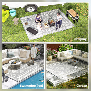 Reversible Outdoor RV Rug with Carry Bag, 9' x 12' Patio Floor Mat, Plastic Straw Rug for Backyard, Deck, Picnic, Beach, Camping, Rhombus Patchwork, Grey and White