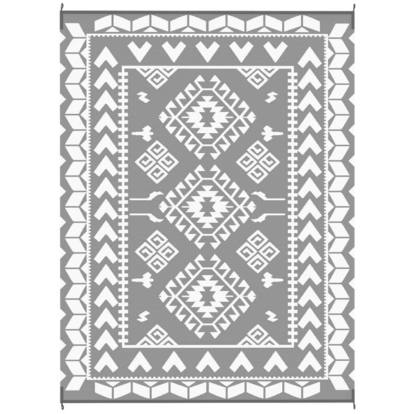 Reversible Outdoor RV Rug with Carry Bag, 9' x 12' Patio Floor Mat, Plastic Straw Rug for Backyard, Deck, Picnic, Beach, Camping, Rhombus Patchwork, Grey and White
