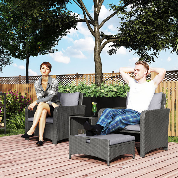 5 Piece Rattan Garden Furniture Set, Wicker Patio Conversation Set with 2 Chairs, 2-Tier Coffee Table, 2 Ottomans and Thick Cushions for Outdoor, Balcony, Bistro, Porch, Grey
