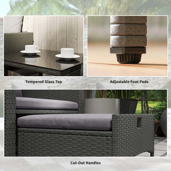 5 Piece Rattan Garden Furniture Set, Wicker Patio Conversation Set with 2 Chairs, 2-Tier Coffee Table, 2 Ottomans and Thick Cushions for Outdoor, Balcony, Bistro, Porch, Grey