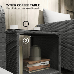 5 Piece Rattan Garden Furniture Set, Wicker Patio Conversation Set with 2 Chairs, 2-Tier Coffee Table, 2 Ottomans and Thick Cushions for Outdoor, Balcony, Bistro, Porch, Grey