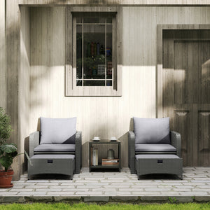 5 Piece Rattan Garden Furniture Set, Wicker Patio Conversation Set with 2 Chairs, 2-Tier Coffee Table, 2 Ottomans and Thick Cushions for Outdoor, Balcony, Bistro, Porch, Grey