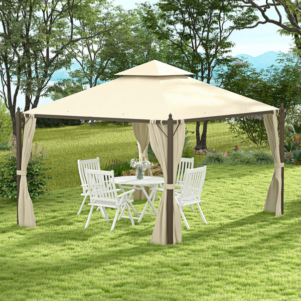 10' x 12' Steel Outdoor Patio Gazebo with Polyester Privacy Curtains, Two-Tier Roof for Air, Large Design