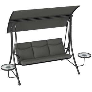 3 Seater Garden Swing Seat Swing Chair with Adjustable Canopy, Removable Cushion and Coffee Tables for Outdoor Patio Garden Dark Grey