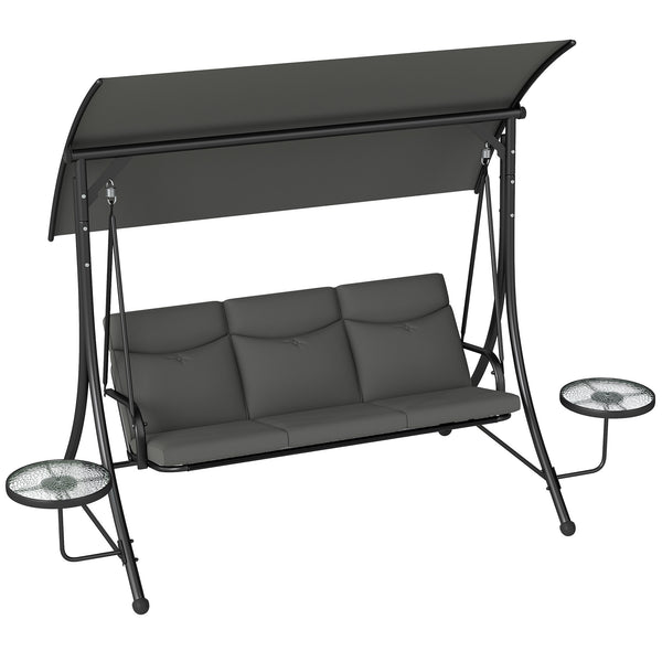 3 Seater Garden Swing Seat Swing Chair with Adjustable Canopy, Removable Cushion and Coffee Tables for Outdoor Patio Garden Dark Grey