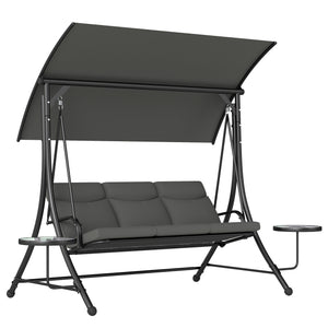 3 Seater Garden Swing Seat Swing Chair with Adjustable Canopy, Removable Cushion and Coffee Tables for Outdoor Patio Garden Dark Grey