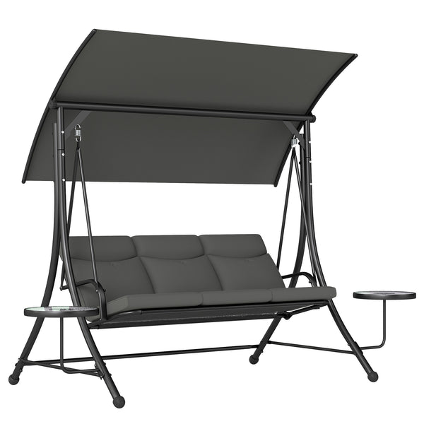 3 Seater Garden Swing Seat Swing Chair with Adjustable Canopy, Removable Cushion and Coffee Tables for Outdoor Patio Garden Dark Grey
