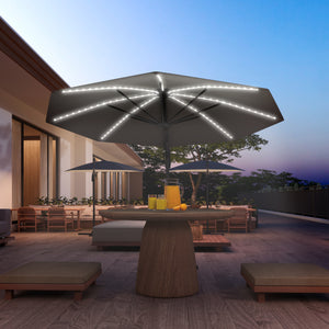 3(m) Cantilever Garden Parasol with Solar Powered Lights, Crank Handle & Cross Base, UPF 50+, 360° Rotation, Overhanging Patio Umbrella for Patio Market, Dark Grey