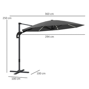 3(m) Cantilever Garden Parasol with Solar Powered Lights, Crank Handle & Cross Base, UPF 50+, 360° Rotation, Overhanging Patio Umbrella for Patio Market, Dark Grey