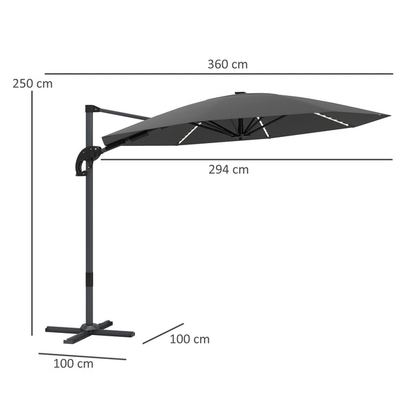 3(m) Cantilever Garden Parasol with Solar Powered Lights, Crank Handle & Cross Base, UPF 50+, 360° Rotation, Overhanging Patio Umbrella for Patio Market, Dark Grey