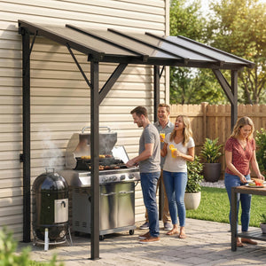8' x 5' Hardtop Grill Gazebo, Lean-to BBQ Gazebo Shelter, Wall-Mounted Pergola with Polycarbonate Roof and Steel Frame, for Outdoor, Patio, Lawn, Garden, Patio, Backyard