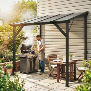 8' x 5' Hardtop Grill Gazebo, Lean-to BBQ Gazebo Shelter, Wall-Mounted Pergola with Polycarbonate Roof and Steel Frame, for Outdoor, Patio, Lawn, Garden, Patio, Backyard