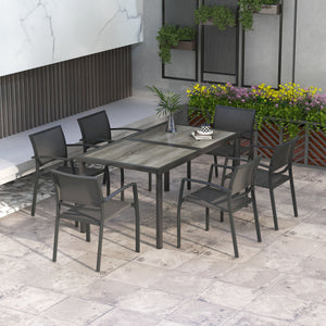 7 Pieces Patio Dining Set for 6 with Stackable Chairs, Outdoor Table and Chairs with Plastic Top, Breathable Mesh Seat and Back for Garden, Patio, Backyard, Grey