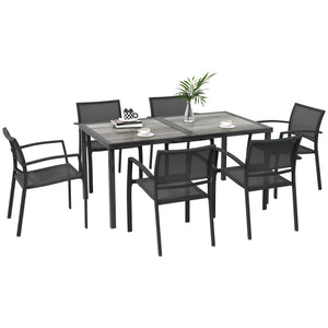 6 Seater Garden Dining Set, Stackable Armchairs and Wood-like Top Table, Space-Saving Outdoor Table and Chairs with Breathable Mesh Seat, Garden Furniture Set, Grey