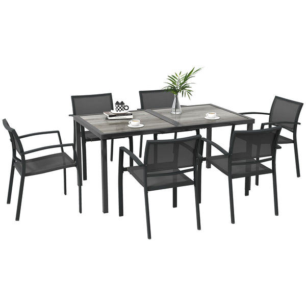7 Pieces Patio Dining Set for 6 with Stackable Chairs, Outdoor Table and Chairs with Plastic Top, Breathable Mesh Seat and Back for Garden, Patio, Backyard, Grey
