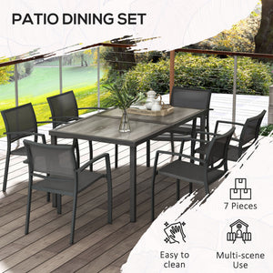 6 Seater Garden Dining Set, Stackable Armchairs and Wood-like Top Table, Space-Saving Outdoor Table and Chairs with Breathable Mesh Seat, Garden Furniture Set, Grey