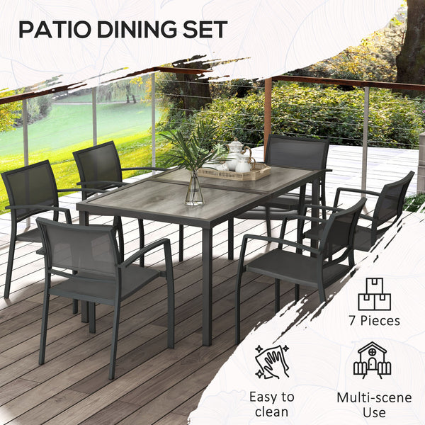 6 Seater Garden Dining Set, Stackable Armchairs and Wood-like Top Table, Space-Saving Outdoor Table and Chairs with Breathable Mesh Seat, Garden Furniture Set, Grey