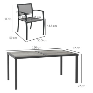 6 Seater Garden Dining Set, Stackable Armchairs and Wood-like Top Table, Space-Saving Outdoor Table and Chairs with Breathable Mesh Seat, Garden Furniture Set, Grey