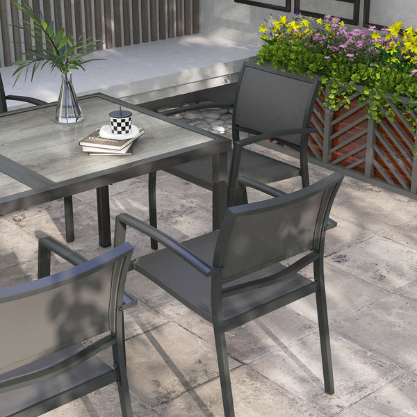 6 Seater Garden Dining Set, Stackable Armchairs and Wood-like Top Table, Space-Saving Outdoor Table and Chairs with Breathable Mesh Seat, Garden Furniture Set, Grey