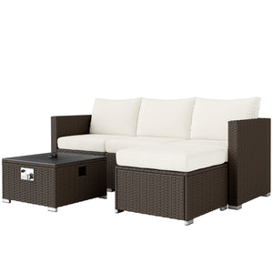 5 Piece Rattan Garden Furniture Set with Gas Fire Pit Table, 4 Seater Outdoor Sectional Sofa Set with Footstool and Removable Cushions, Modular Combination, Brown and Cream White
