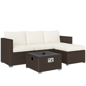 5 Piece Rattan Garden Furniture Set with Gas Fire Pit Table, 4 Seater Outdoor Sectional Sofa Set with Footstool and Removable Cushions, Modular Combination, Brown and Cream White