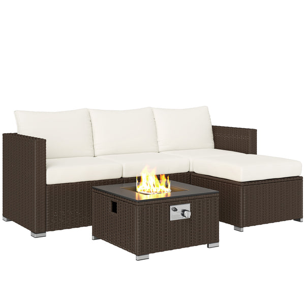 5 Piece Rattan Garden Furniture Set with Gas Fire Pit Table, 4 Seater Outdoor Sectional Sofa Set with Footstool and Removable Cushions, Modular Combination, Brown and Cream White