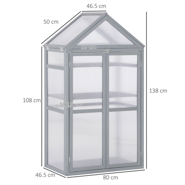 Garden Cold Frame Polycarbonate Greenhouse with Adjustable Shelves, Double Doors, Openable Top Covers, Grow House for Flower Vegetable Plants, 80 x 47 x 138cm, Grey