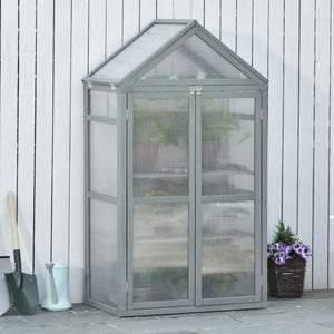 Garden Cold Frame Polycarbonate Greenhouse with Adjustable Shelves, Double Doors, Openable Top Covers, Grow House for Flower Vegetable Plants, 80 x 47 x 138cm, Grey