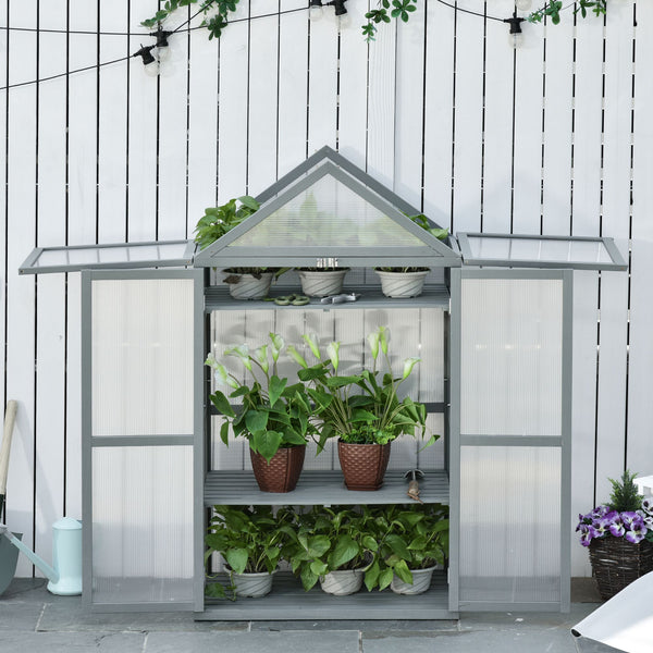 Garden Cold Frame Polycarbonate Greenhouse with Adjustable Shelves, Double Doors, Openable Top Covers, Grow House for Flower Vegetable Plants, 80 x 47 x 138cm, Grey