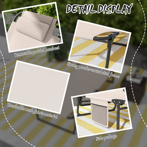 Folding Lounge Chair with 4-level Reclining Back, Outdoor Tanning Chair with Cushion, Sun Lounger with Breathable Mesh Fabric, Side Pocket, Headrest, Beige