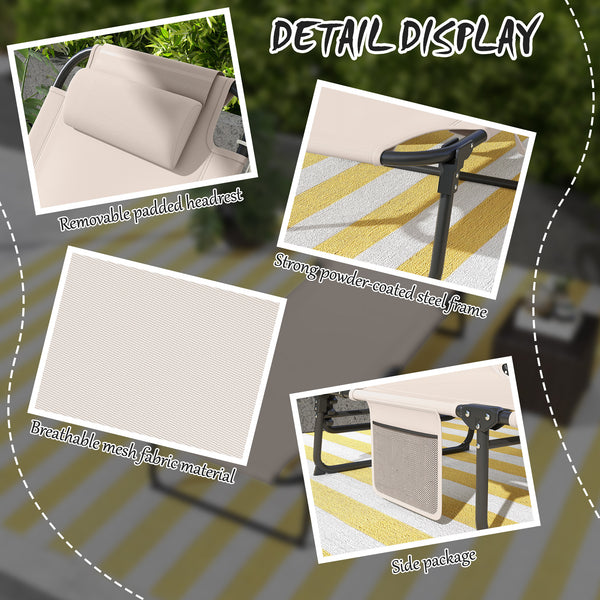 Folding Lounge Chair with 4-level Reclining Back, Outdoor Tanning Chair with Cushion, Sun Lounger with Breathable Mesh Fabric, Side Pocket, Headrest, Beige