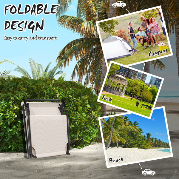 Folding Lounge Chair with 4-level Reclining Back, Outdoor Tanning Chair with Cushion, Sun Lounger with Breathable Mesh Fabric, Side Pocket, Headrest, Beige