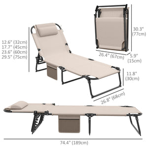 Folding Lounge Chair with 4-level Reclining Back, Outdoor Tanning Chair with Cushion, Sun Lounger with Breathable Mesh Fabric, Side Pocket, Headrest, Beige