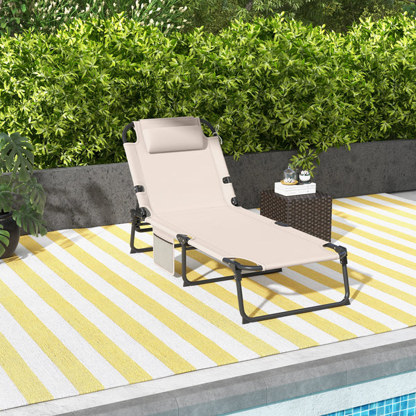 Folding Lounge Chair with 4-level Reclining Back, Outdoor Tanning Chair with Cushion, Sun Lounger with Breathable Mesh Fabric, Side Pocket, Headrest, Beige