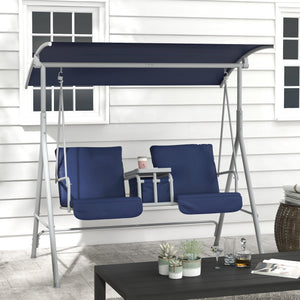2 Person Porch Swing with Stand, Outdoor Swing with Canopy, Pivot Storage Table, 2 Cup Holders, Cushions for Patio, Backyard, Dark Blue
