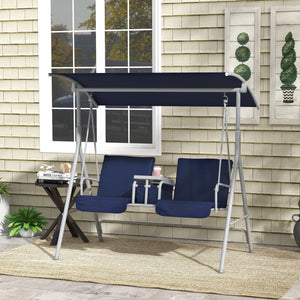 2 Person Porch Swing with Stand, Outdoor Swing with Canopy, Pivot Storage Table, 2 Cup Holders, Cushions for Patio, Backyard, Dark Blue