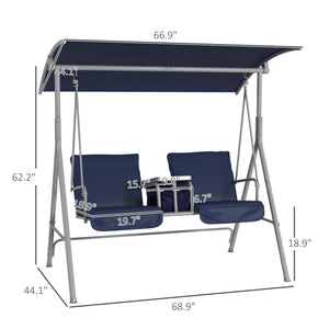 2 Person Porch Swing with Stand, Outdoor Swing with Canopy, Pivot Storage Table, 2 Cup Holders, Cushions for Patio, Backyard, Dark Blue