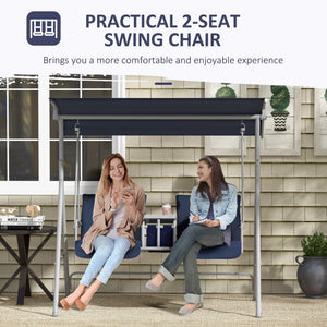 2 Person Porch Swing with Stand, Outdoor Swing with Canopy, Pivot Storage Table, 2 Cup Holders, Cushions for Patio, Backyard, Dark Blue