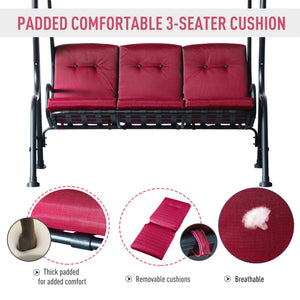 3-Person Porch Swing Chair, Patio Swing Bench with Adjustable Canopy, Removable Thicken Cushion and Weather Resistant Steel Frame for Outdoor, Garden, Poolside, Wine Red