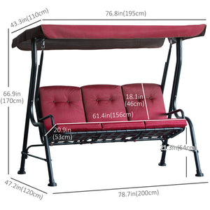 3-Person Porch Swing Chair, Patio Swing Bench with Adjustable Canopy, Removable Thicken Cushion and Weather Resistant Steel Frame for Outdoor, Garden, Poolside, Wine Red