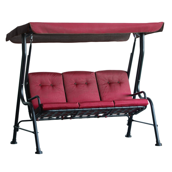 3-Person Porch Swing Chair, Patio Swing Bench with Adjustable Canopy, Removable Thicken Cushion and Weather Resistant Steel Frame for Outdoor, Garden, Poolside, Wine Red