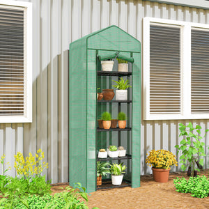 5 Tier Mini Greenhouse, Portable Outdoor Flower Stand with Shelf Clips, Indoor Greenhouse with Steel Frame, Transparent, 27.25" x 19.25" x 76", Green