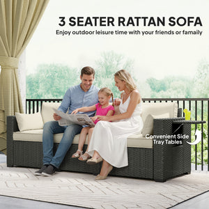 3 Seater Wicker Outdoor Sofa with Side Tray Tables, Poly Rattan Patio Sofa Couch with 6" Thick Back Cushions, Outdoor Couch with Deep Seat, Pillows for Garden, Cream White