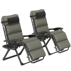Zero Gravity Chairs Set of 2, Folding Reclining Garden Chair, Outdoor Sun Lounger with Cushion, Garden Recliner Chairs with Headrest and Cup Phone Holder Tray for Beach, Grey