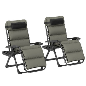 Zero Gravity Chairs Set of 2, Folding Reclining Garden Chair, Outdoor Sun Lounger with Cushion, Garden Recliner Chairs with Headrest and Cup Phone Holder Tray for Beach, Grey