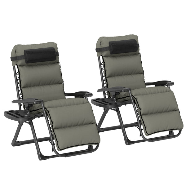 Zero Gravity Chairs Set of 2, Folding Reclining Garden Chair, Outdoor Sun Lounger with Cushion, Garden Recliner Chairs with Headrest and Cup Phone Holder Tray for Beach, Grey