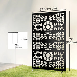Metal Outdoor Privacy Screen, 72" x 38" Freestanding Outdoor Divider, Wall-Mounted Decorative Panel with Symmetrical Pattern Cut-out Design for Garden Patio, Black