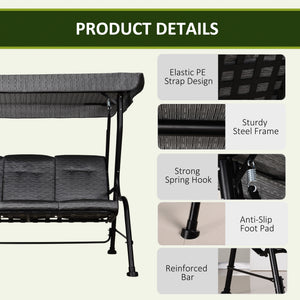 3-Person Porch Swing Chair, Patio Swing Bench with Adjustable Canopy, Removable Thicken Cushion and Weather Resistant Steel Frame for Outdoor, Garden, Poolside, Grey