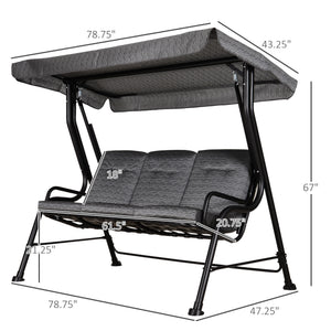 3-Person Porch Swing Chair, Patio Swing Bench with Adjustable Canopy, Removable Thicken Cushion and Weather Resistant Steel Frame for Outdoor, Garden, Poolside, Grey